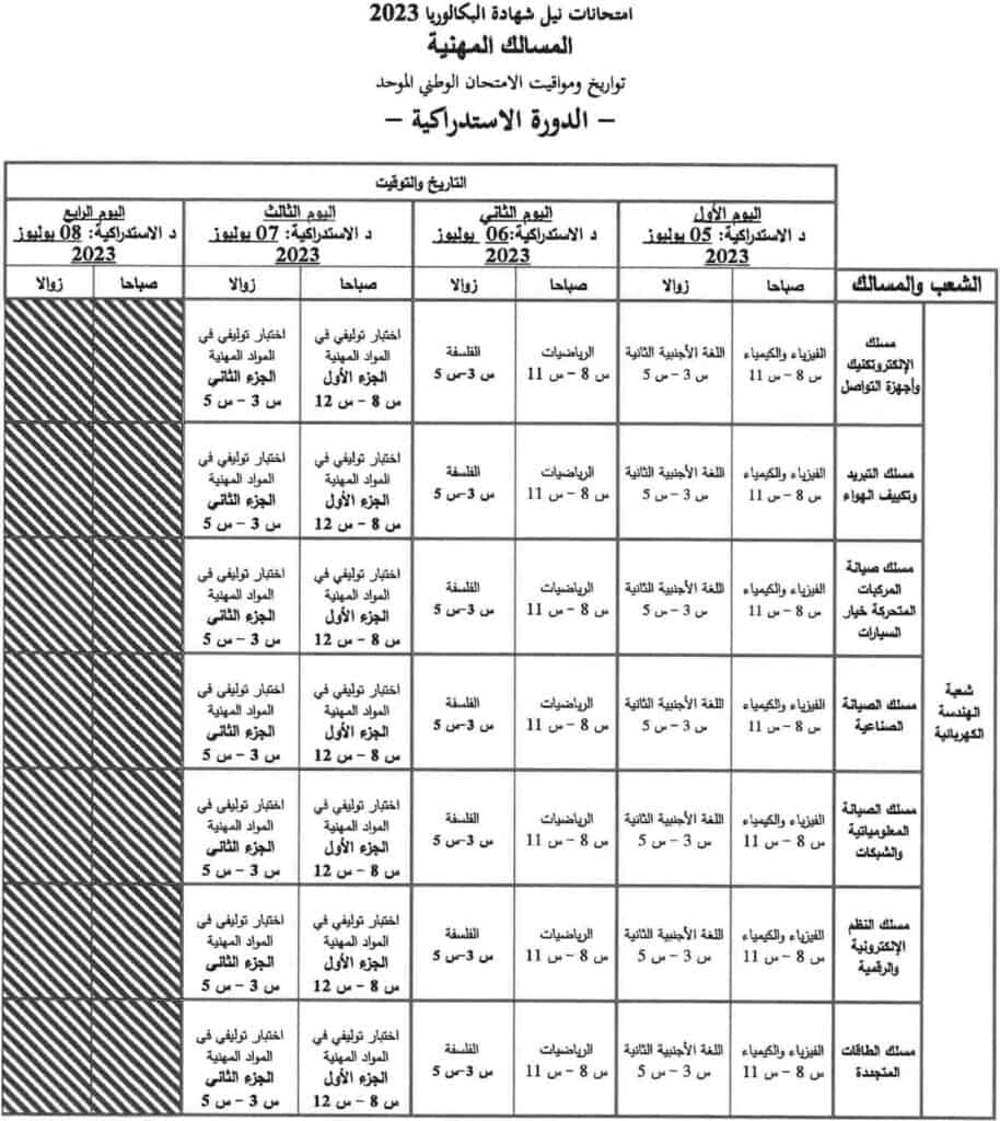 الجدولة الزمنية  البكالوريا 2020