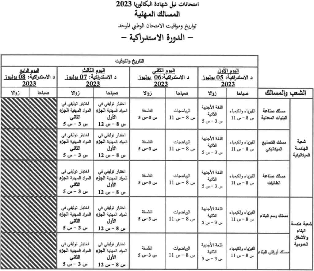 الجدولة الزمنية  البكالوريا 2020