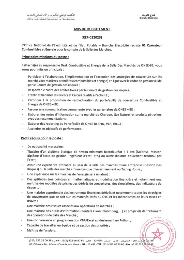 Avis de Concours Opérateur Combustibles et Energie page 1