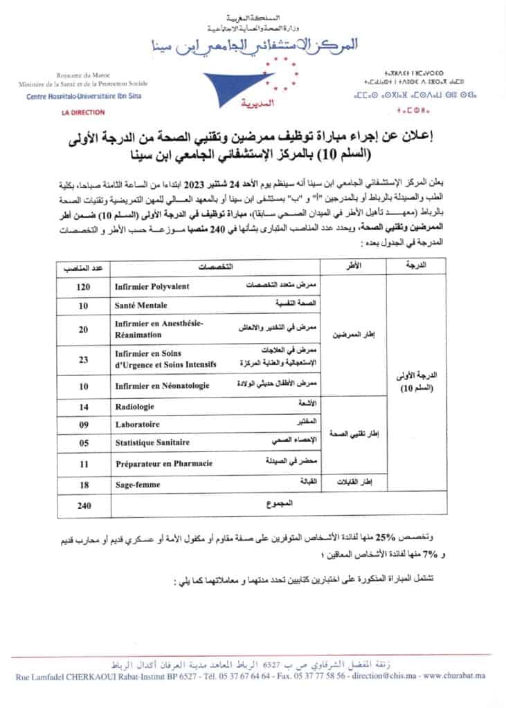 إعلان عن اجراء مباراة توظيف ممرضين وتقنيي الصحة بالمركز الاستشفائي ابن سينا اعلان 1