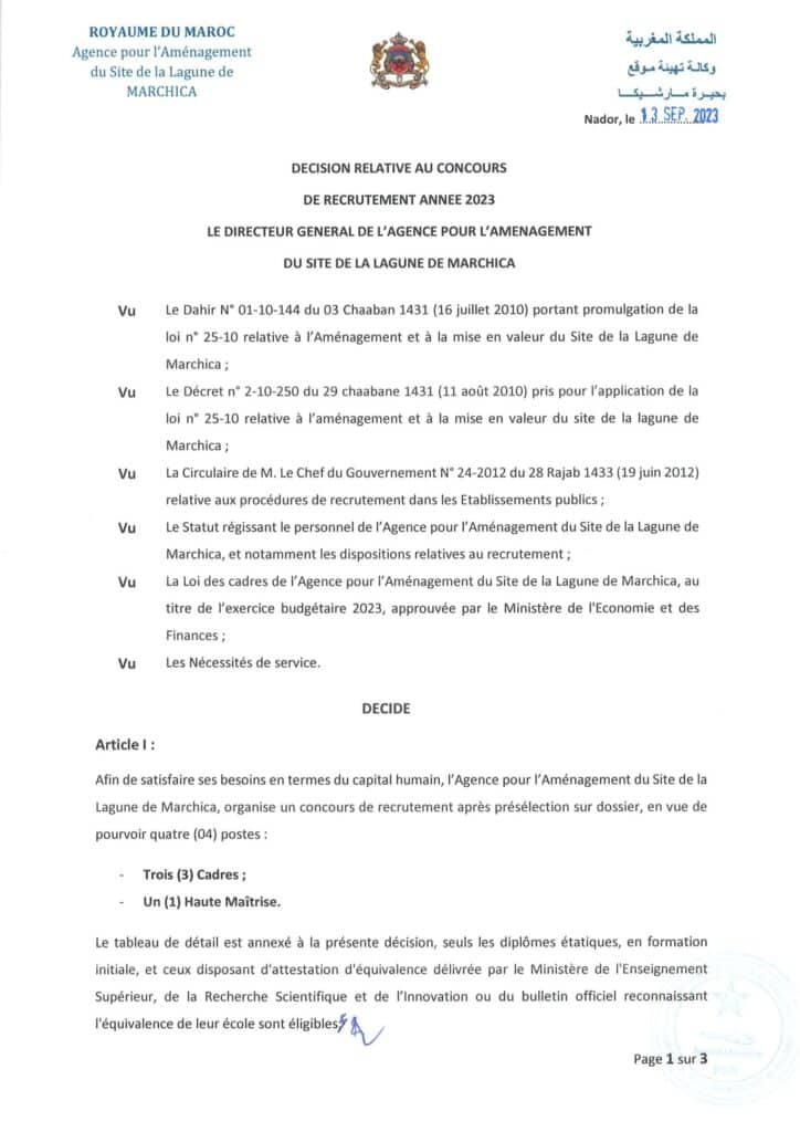 Concours de Recrute Agence Marchica 2023 page 1