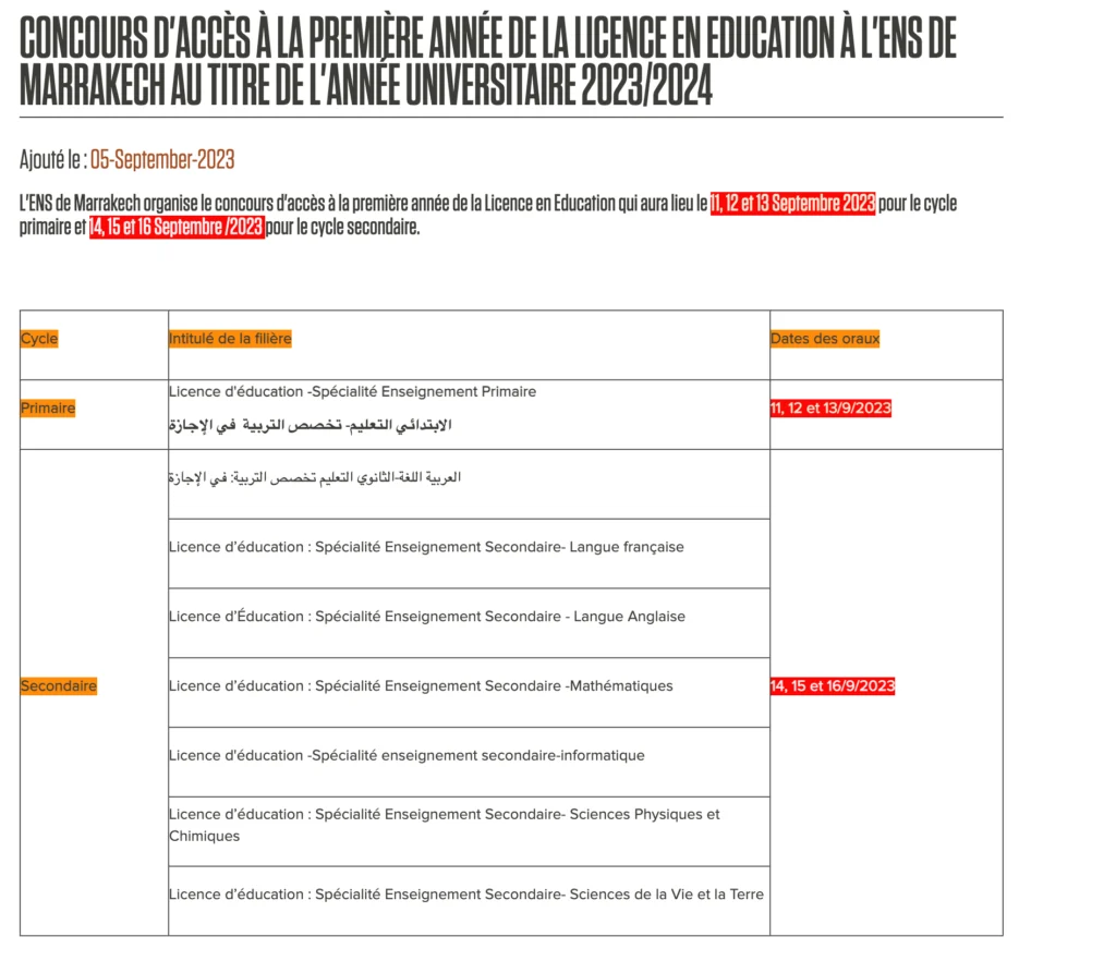 Résultats officiels de l'ENS Marrakech