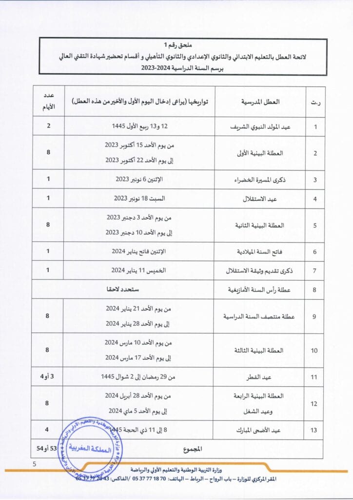 لائحة العطل الجديدة للعام الدراسي