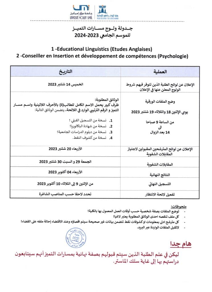 اجازة التميز كلية الاداب والعلوم الانسانية مكناس flsh