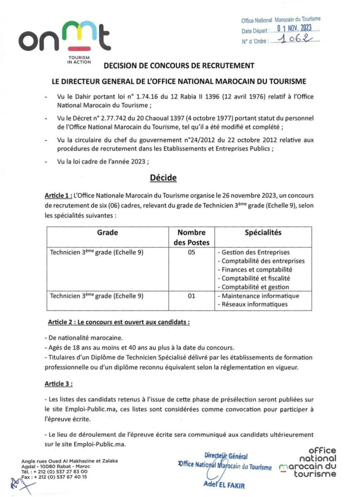 Concours Office National Marocain du Tourisme 