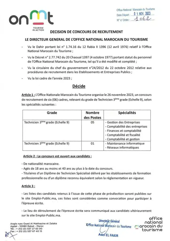 Concours Office National Marocain du Tourisme