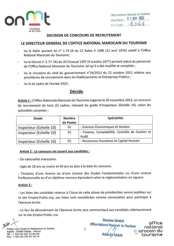 Concours Office National Marocain du Tourisme 