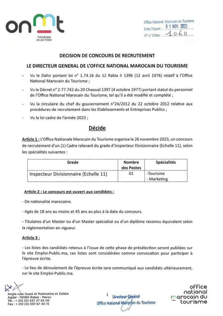 Concours Office National Marocain du Tourisme