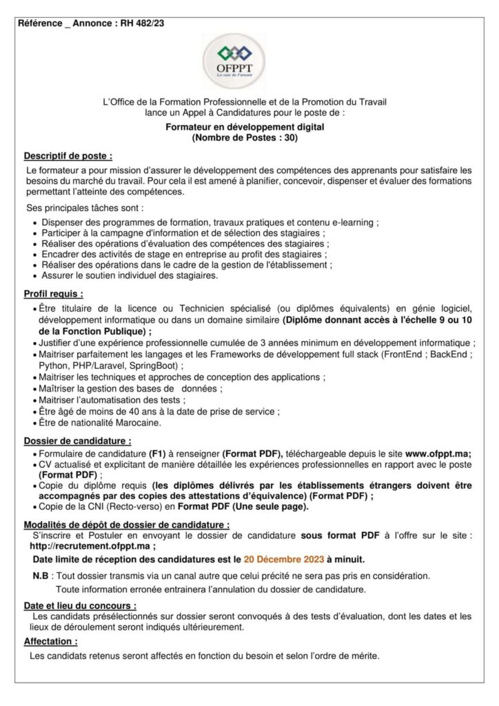 Concours de Recrutement OFPPT 2023