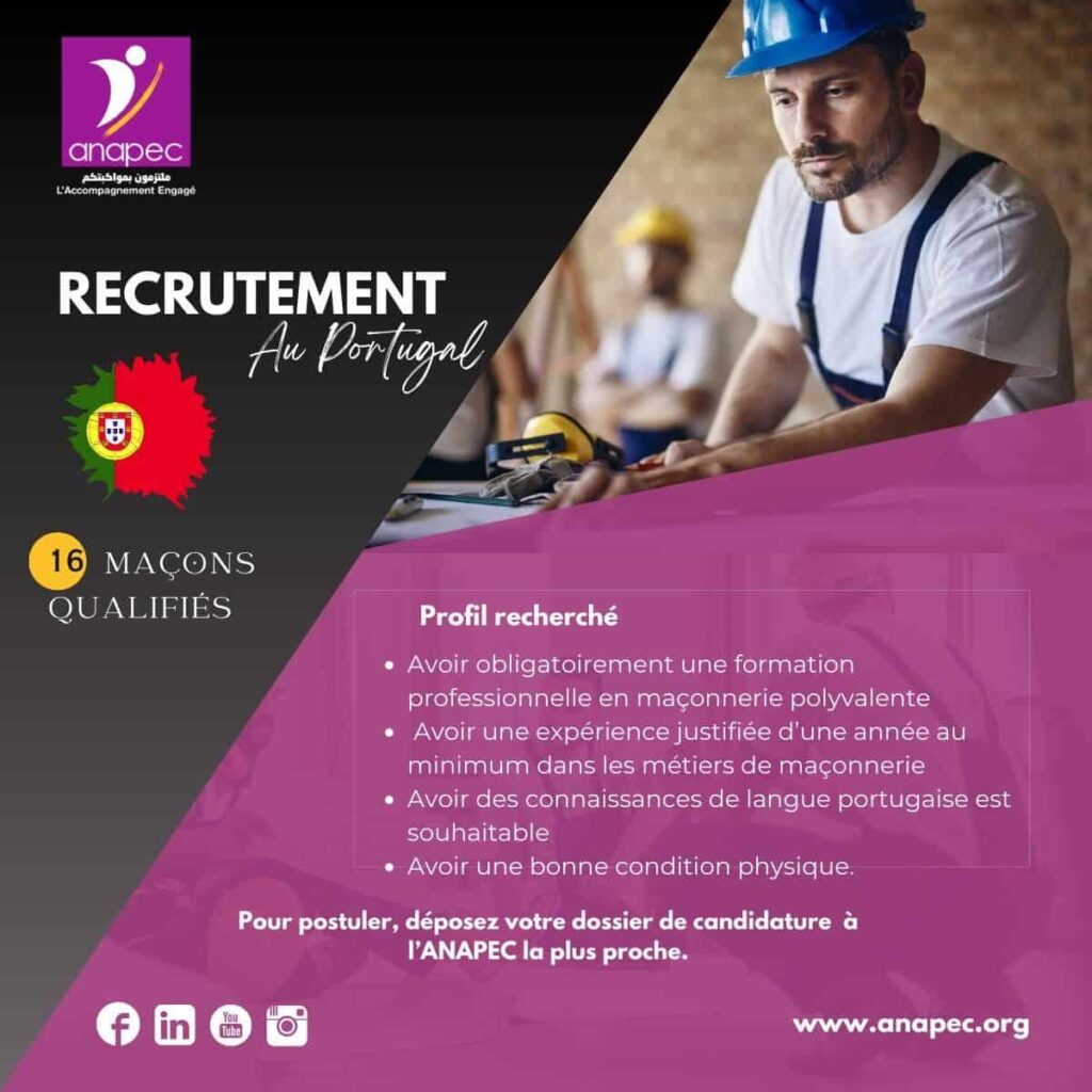 Recrutement de 16 Maçons au Portugal