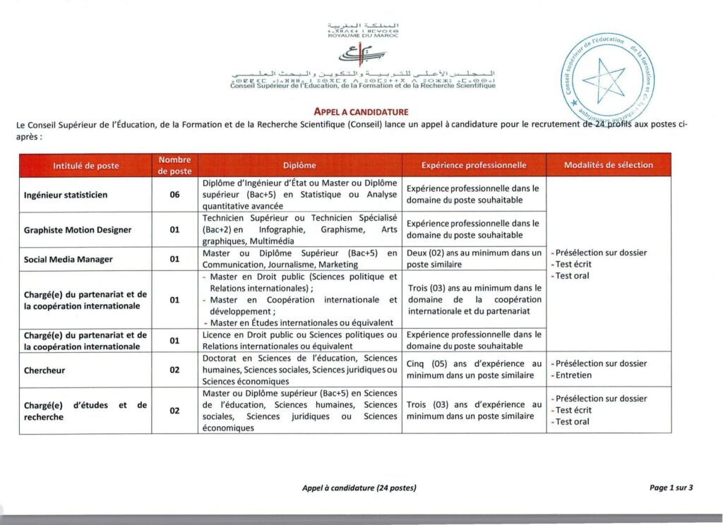 CSEFRS  Recrutement  (24 Postes)