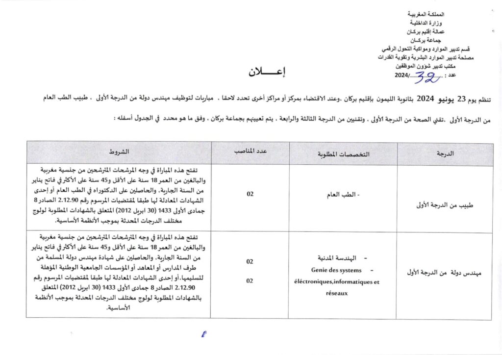 Recrutement Province Berkane (52 Postes)