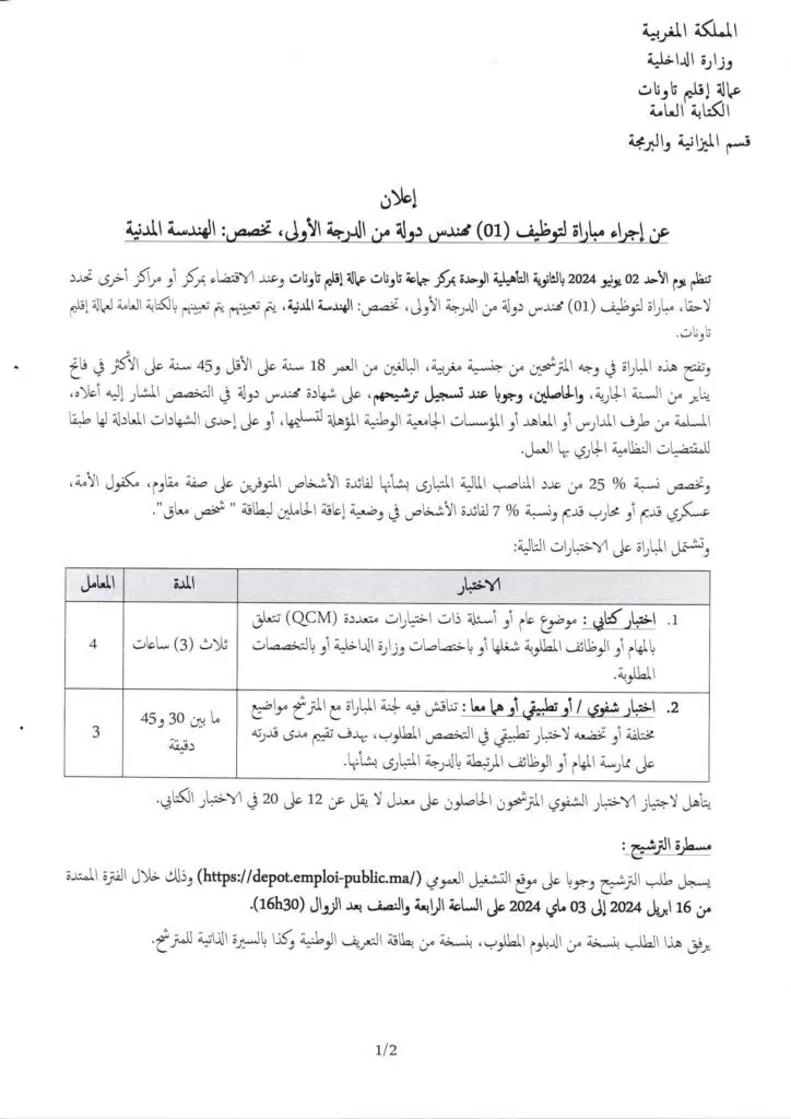 Recrutement chez Province Taounate 2024