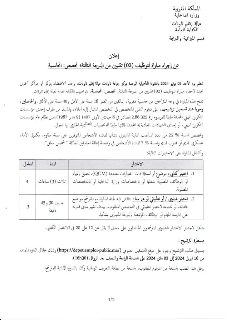 Recrutement chez Province Taounate 2024