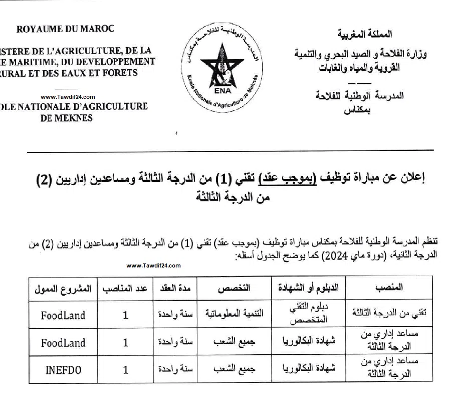مباراة توظيف مساعدين إداريين بالمدرسة الوطنية للفلاحة