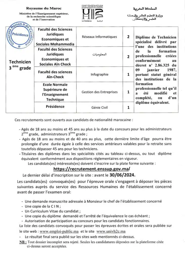 concours de recrutement universite hassan II 2024