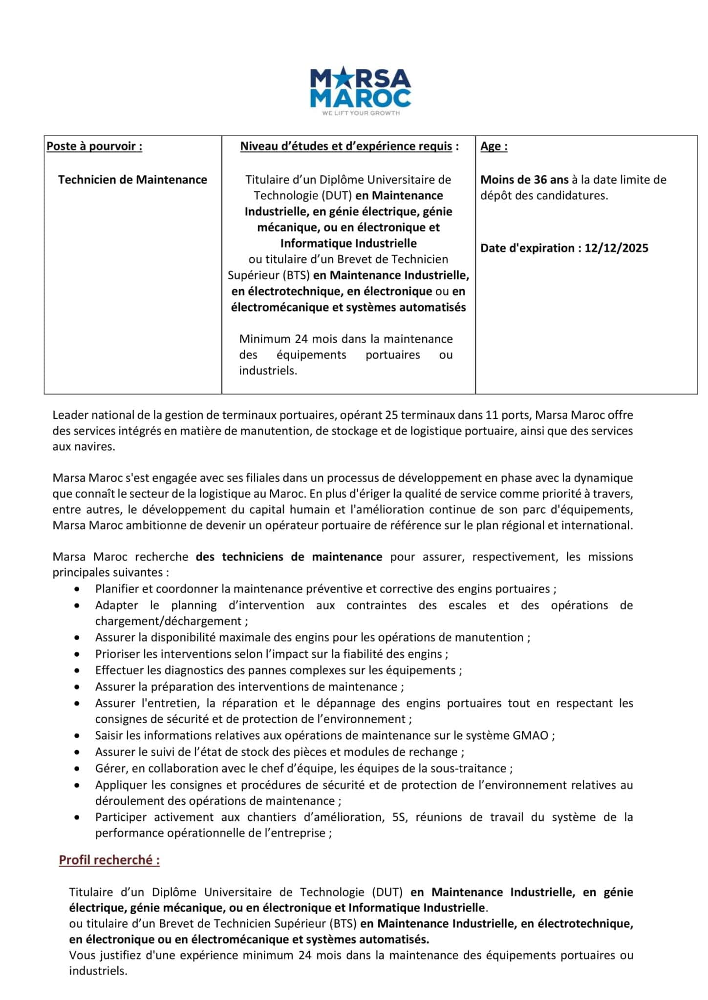 Concours de Recrutement Marsa Maroc 2025 (6 Techniciens de Maintenance)