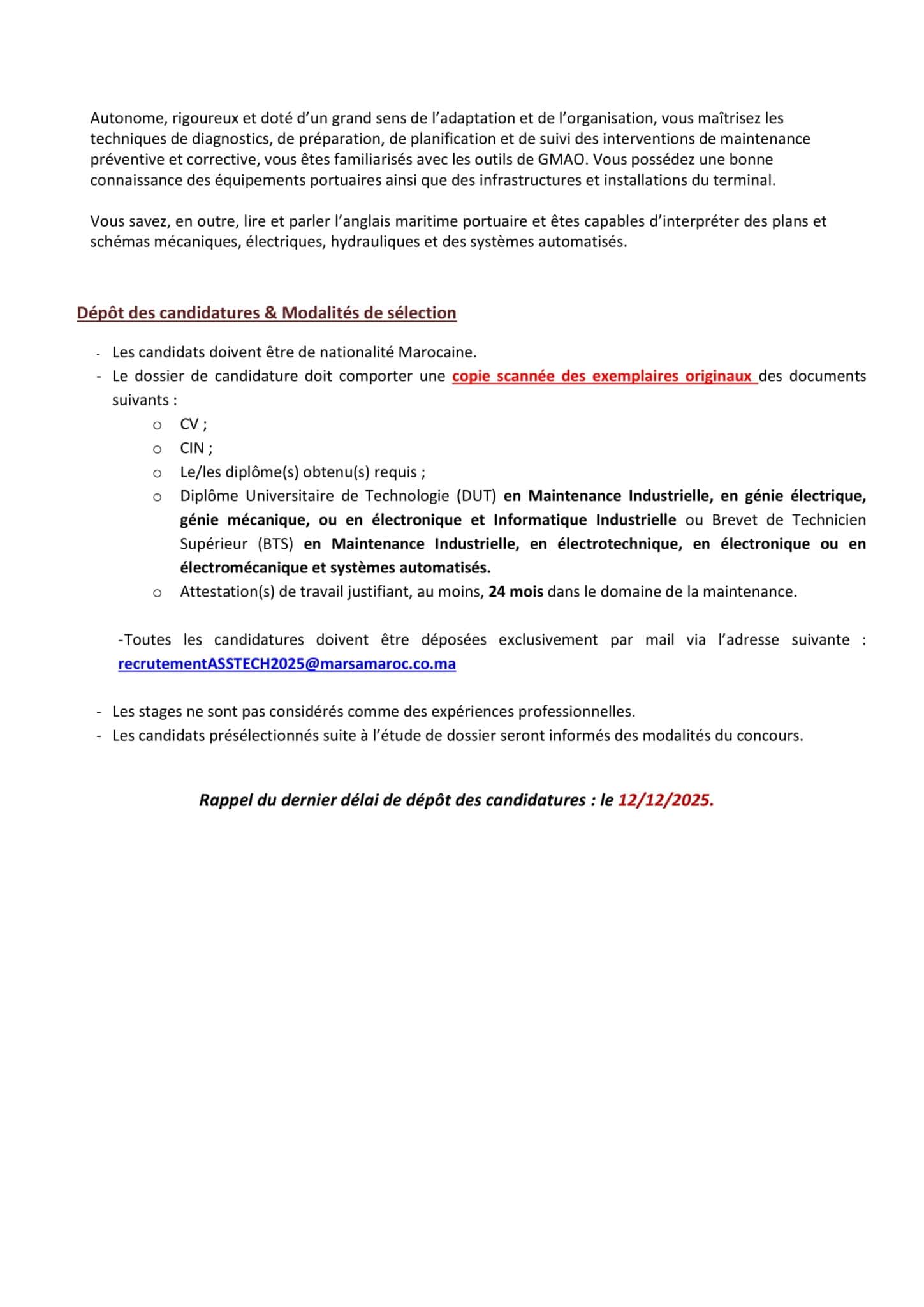 Concours de Recrutement Marsa Maroc 2025 (6 Techniciens de Maintenance)