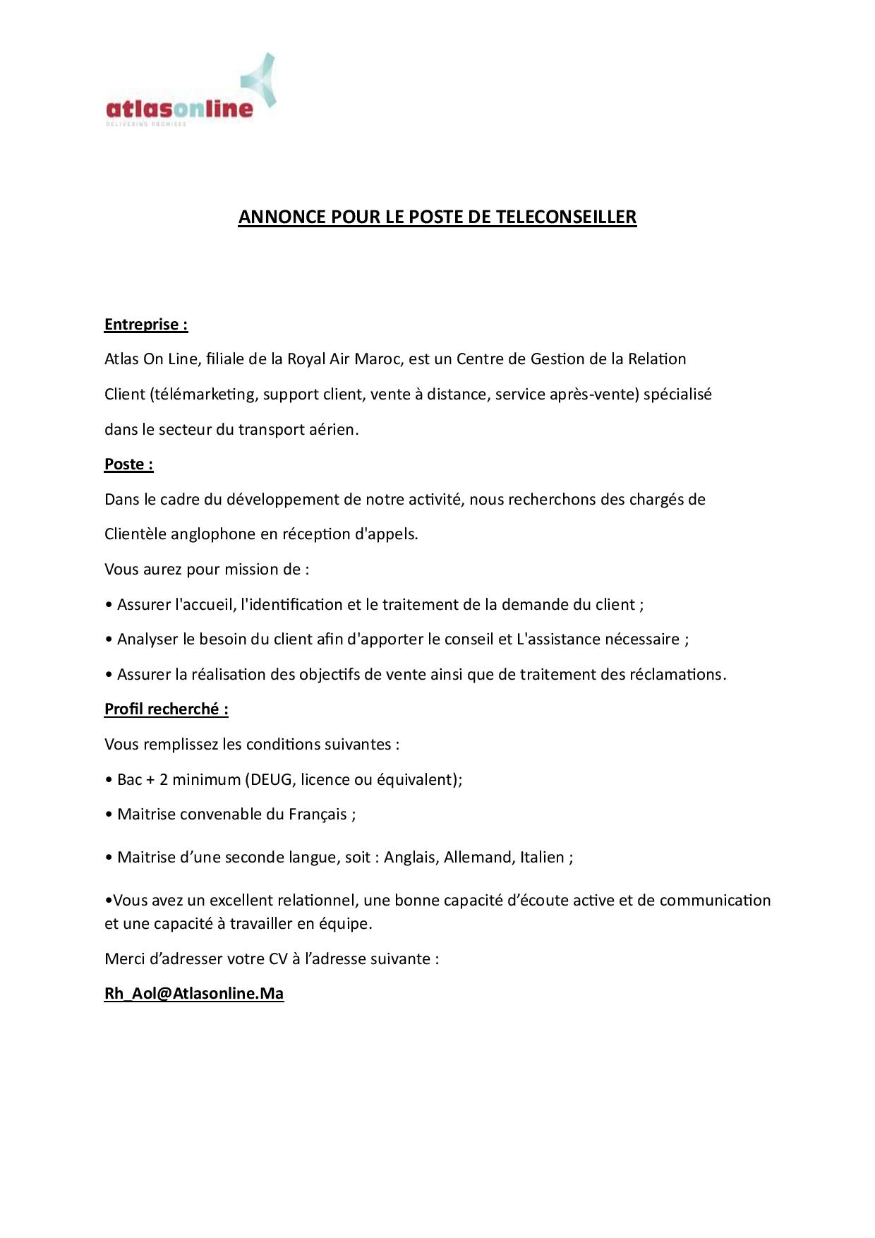 Atlas On Line Recrutement Téléconseillers 2026