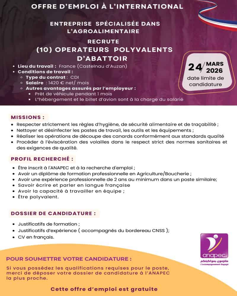 ANAPEC recrute 10 Operateurs Polyvalents dAbattoir ANAPEC recrute 10 Operateurs Polyvalents dAbattoir